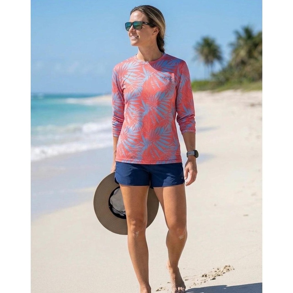 Salt Life SLX Womens XXL Long Sleeve Performance Shirt Tropical Palm Coral Blue